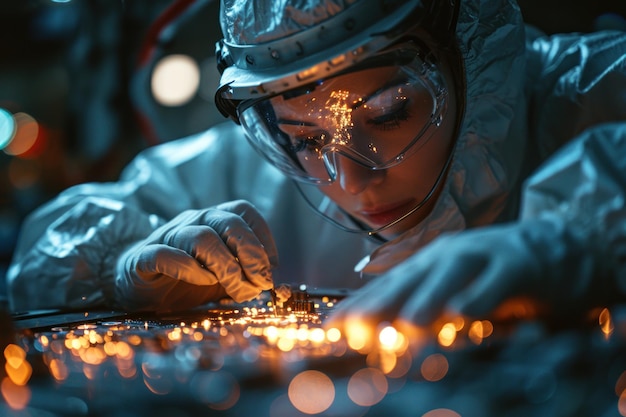 Scientist in sterile suit produces circuit boards using soldering jet printer at electronics factory