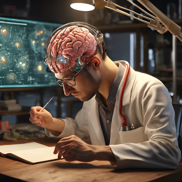 Photo a scientist studying the intricate workings of the human brain to unlock its secrets