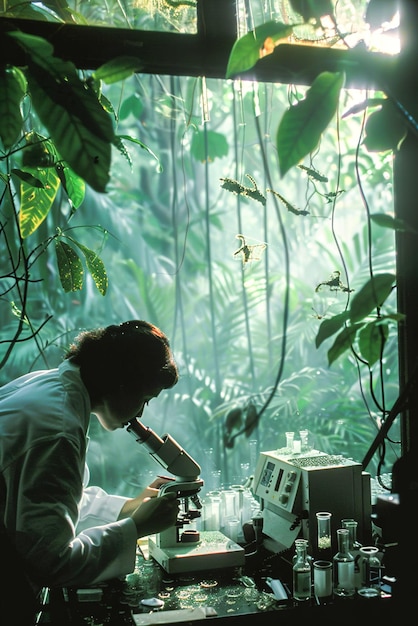 A scientist studying microorganisms under a microscope in a rainforest lab