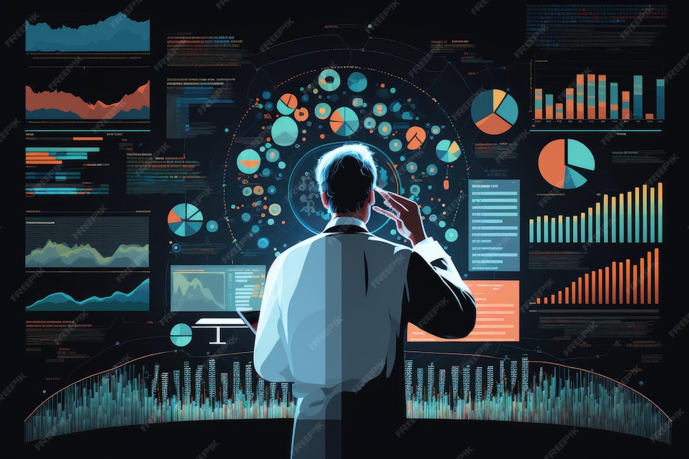 Premium Photo | Scientist surrounded by data mining visualization tools ...