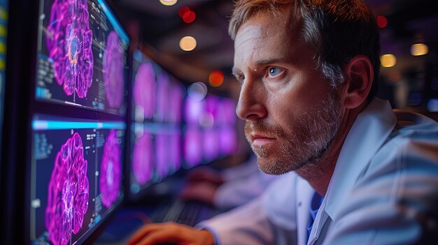 A scientist using advanced imaging techniques to visualize cancer cells in realtime observing th