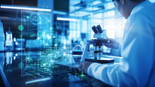 Photo scientist using tablet pc in laboratory