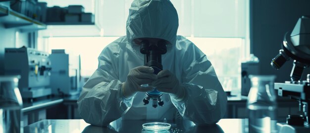 Photo a scientist wearing a coverall examines a petri dish under a microscope in a secure highlevel research laboratory