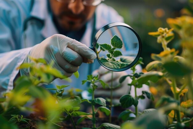 Foto scienziato che indossa guanti che esamina le piante con una lente di ingrandimento