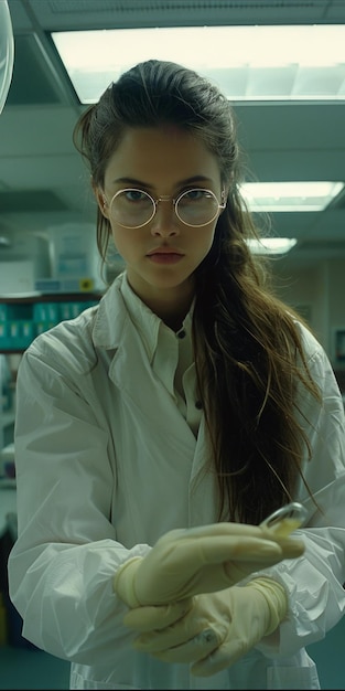 Photo scientist wearing lab coat and gloves holding a pill