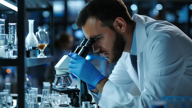 실험실 코트 와 장갑 을 입은 과학자 가 현대적 인 실험실 에서 현미경 을 통해 보고 있다