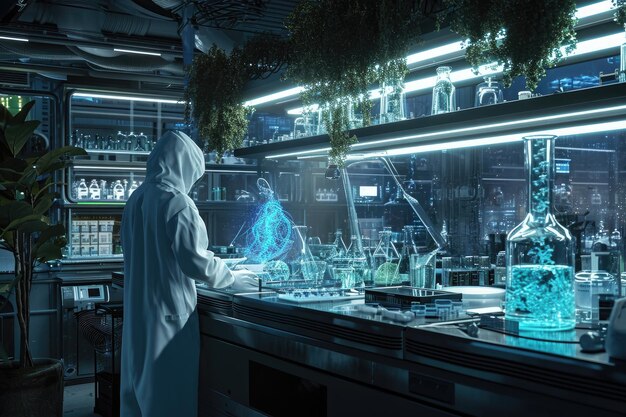 保護装備を着た科学者は研究室の環境でガラスの器具のコレクションを注意深く検査しています 未来的な研究室で生物工学的に作られた生物人工知能 (AI) によって生成された生物