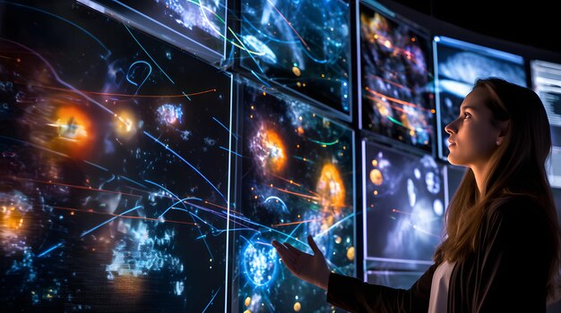 Foto uno scienziato con una serie di schermi che mostrano dati di calcolo quantistico