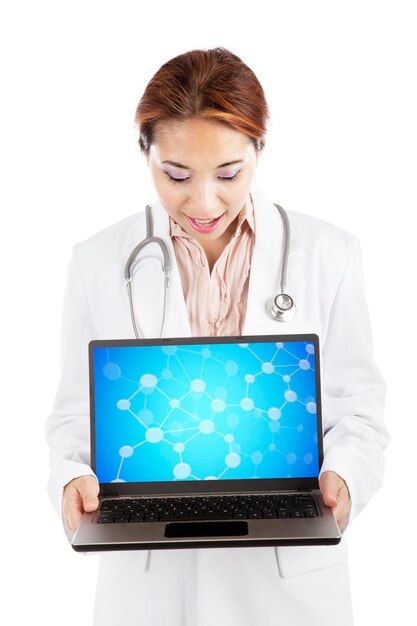 Scientist with chemical molecule on laptop