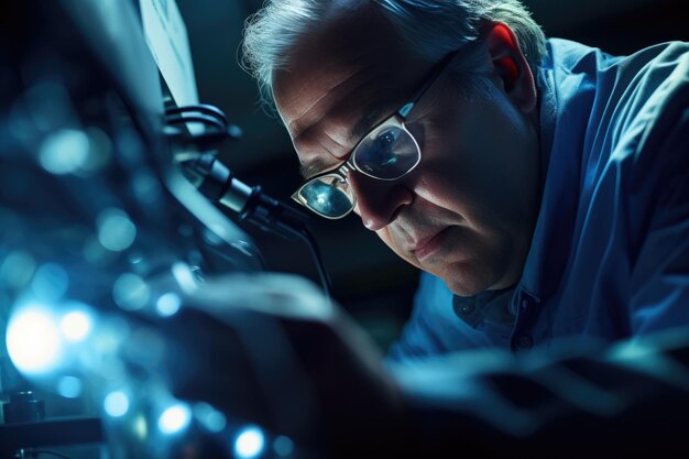 Foto uno scienziato con gli occhiali al lavoro