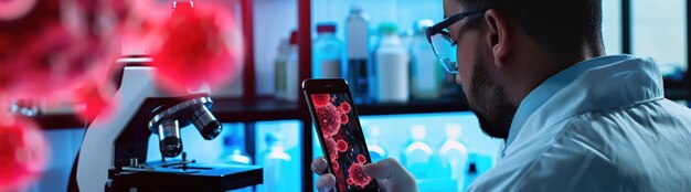 Foto scienziato con telefono che mostra le cellule background di laboratorio concentrarsi sulla schermata ricerca moderna