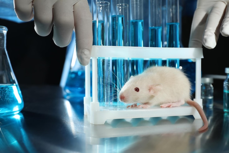 Photo scientist with rat in chemical laboratory closeup animal testing