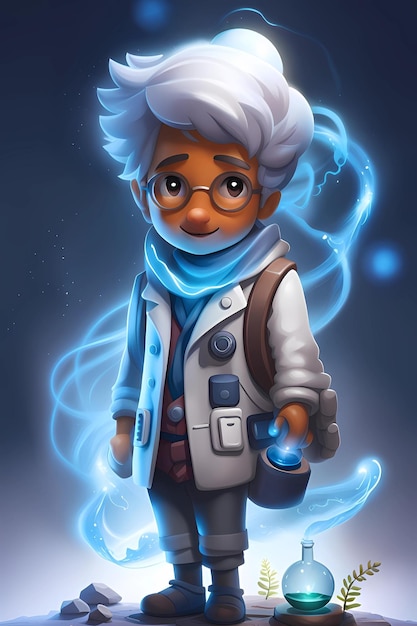 Scientist with white hair and lab coat 3d cartoon character illustration