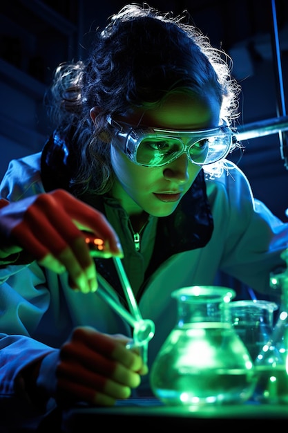 Photo scientist woman in a laboratory conducting experiments fluorescent lighting closeup