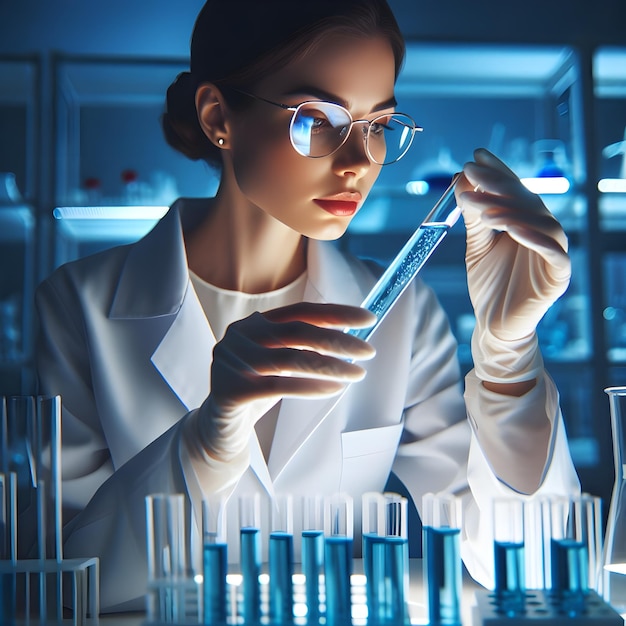 안경과 색 실험실 코트를 입은 과학자 여성이 의학 실험실에서 실험관들을 조사하고 있습니다.