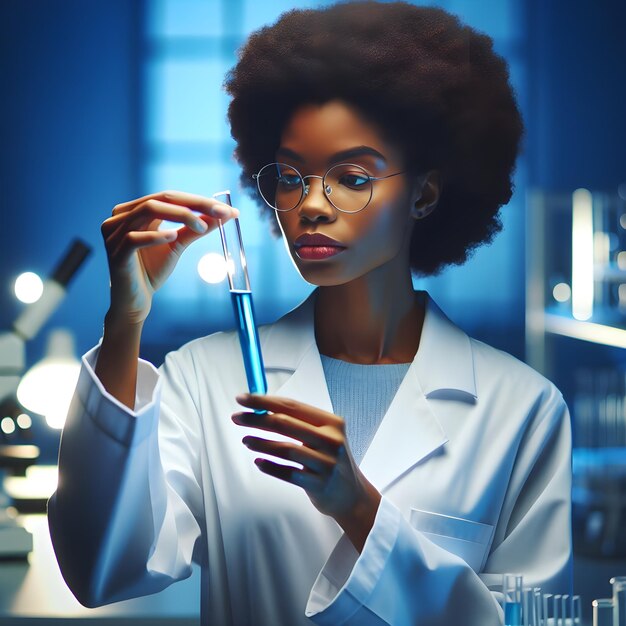 Scientist woman with glasses and white lab coat examining the test tubes in medical laboratory