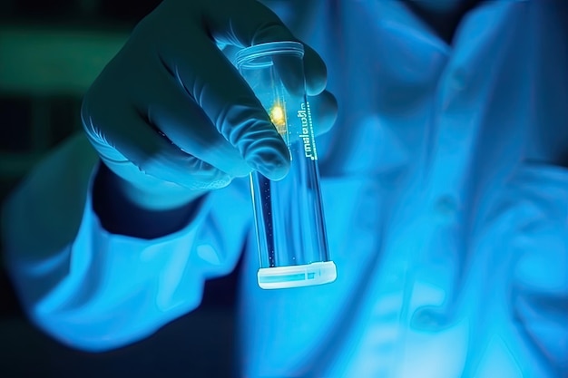 파란색 배경에 실험실 룸 의사 과학 연구 개념 테스트 튜브에서 과학자 작업