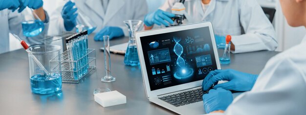 scientist working on biotechnology computer software to study dna. neoteric