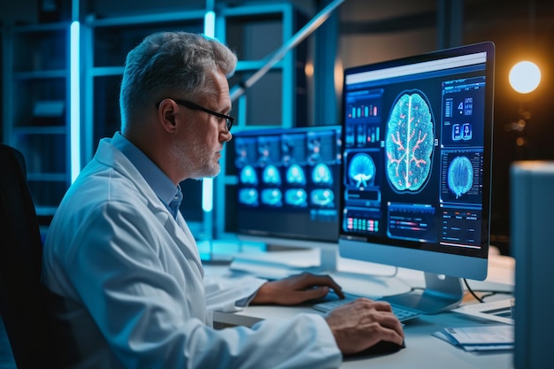 Photo scientist working at desk with computer