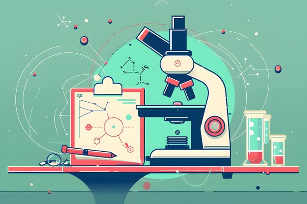 写真 微鏡のスライドフィルムで研究室で働く科学者