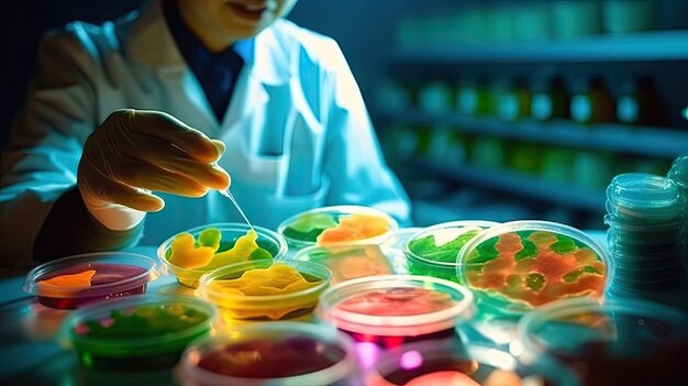 Photo a scientist working in a laboratory with colorful gels on the table