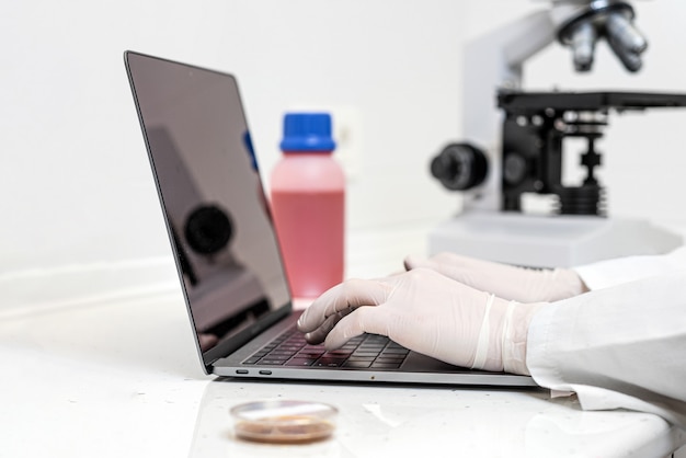 Scientist working on laptop searching for vaccine.