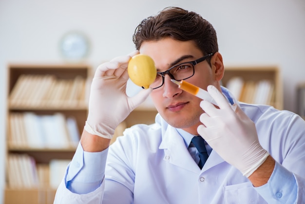 Foto scienziato che lavora su frutta e verdura biologica