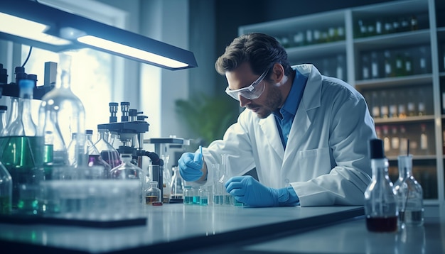 Scientist Working with laboratory flask in a laboratory