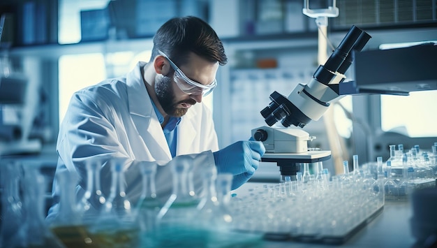 scientist working with microscope in laboratory science research and development concept