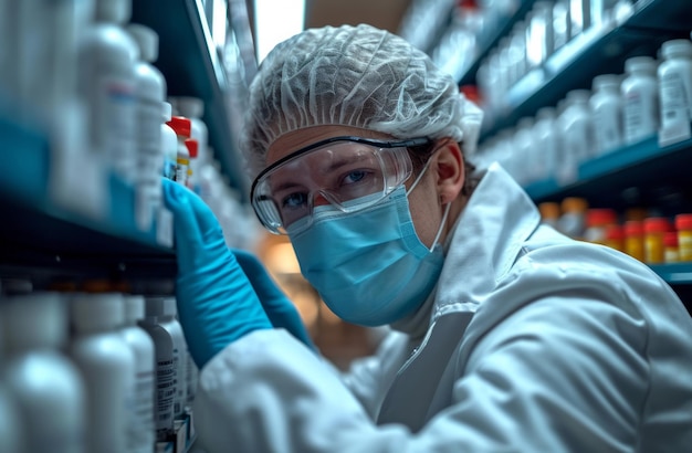 Foto scienziato che lavora in laboratorio indossando maschera e occhiali