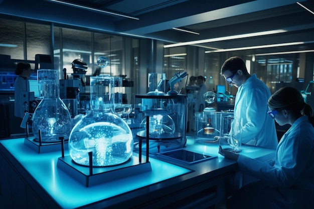 A scientist works in a laboratory with a blue light.