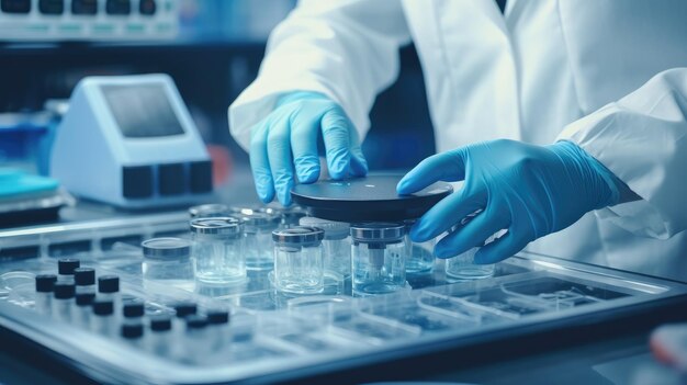 A scientist works with test tubes in a laboratory Chemical and biological investigations in the laboratory