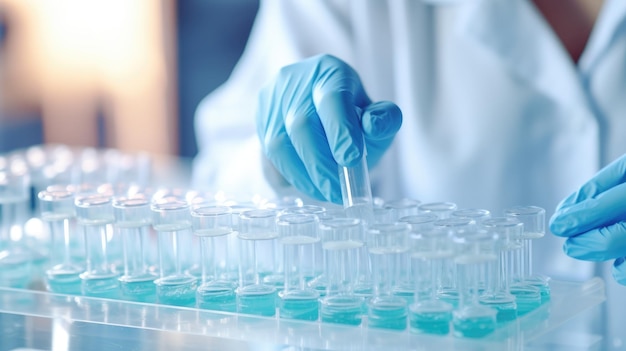 A scientist works with test tubes in a laboratory Chemical and biological investigations in the laboratory