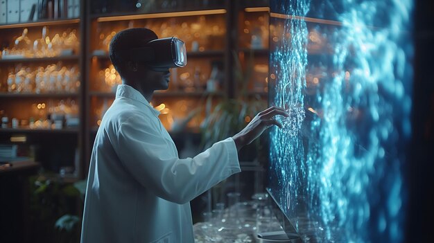 Ученые работают с помощью визуальных наушников и 3D-голограмм Интерфейс sci-fi Концепция будущего мира