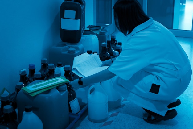 Photo scientists check the dangerous chemicals usedcheck chemical container in a zone arranged for storage of hazardous substances