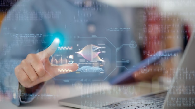 Scientists compute analyze and visualize complex data sets on computers data mining artificial intelligence Data science and big data technology