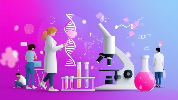 scientists conducting research in a colorful laboratory with various equipment and visual representations of biological concepts