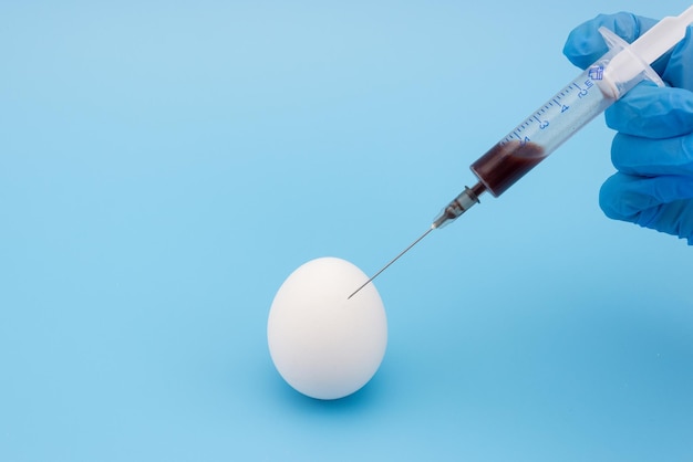 A scientists hand with a syringe makes an injection into the egg Vaccination and treatment of pregnant women