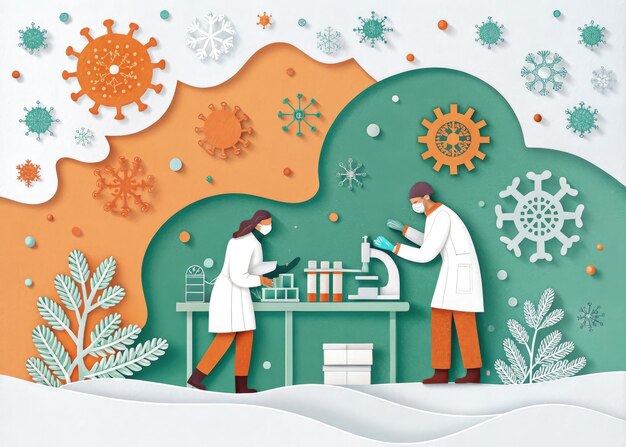 scientists in a lab with paper art of viruses using generative ai for research