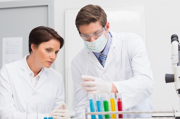 Scientists looking attentively at test tube