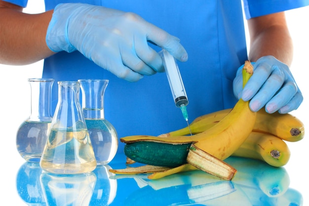 Foto gli scienziati fanno un'iniezione nella banana in laboratorio