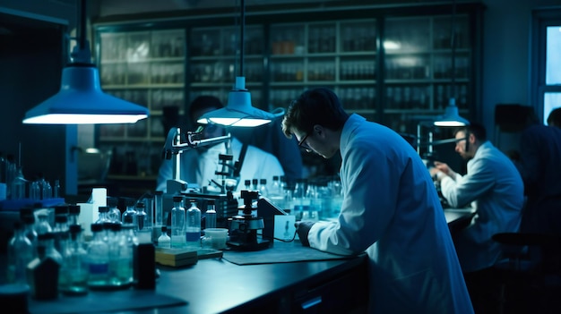 실험실 에서 실험 결과 를 연구 하는 과학자 들