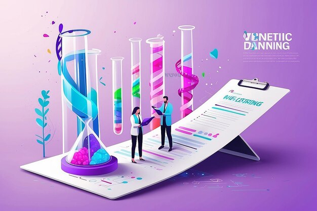 Scientists with folder and clipboard working with huge dna in test tube genetic testing dna testing genetic diagnosis concept on white background website vibrant violet landing web page template