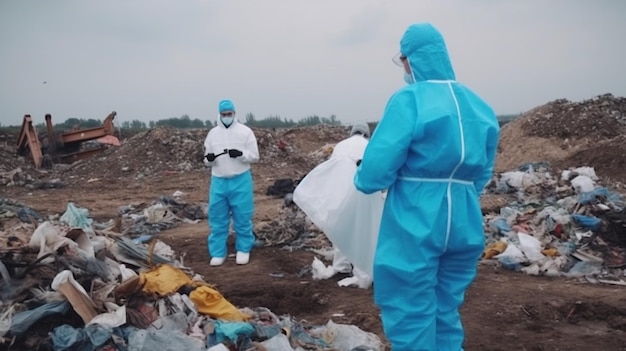 Scientists with rotective suit investigated and inspected garbage pile in landfill