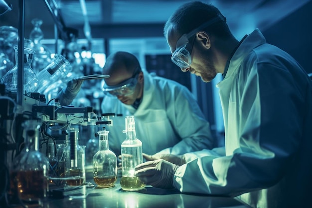 Scientists working in a laboratory with a blue background