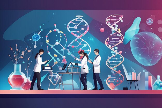 DNA分析の科学者遺伝子工学の従業員が拡大鏡でDNA連鎖構造をチェックしている