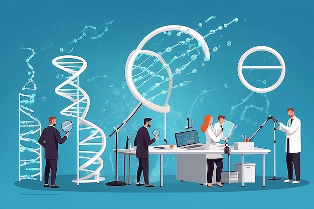 Photo scientists working with dna analysis genetic engineering employees checking dna chain structure with magnifier