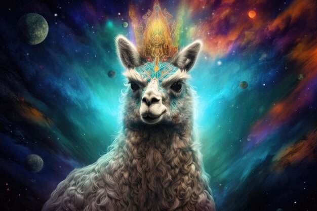 Scifi alpaca wild animal fantasy creature with colorful sky dark background Generative Ai