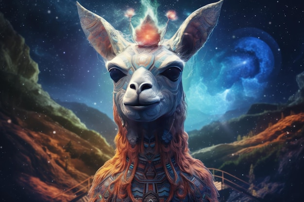 Scifi alpaca wild animal fantasy creature with colorful sky dark background Generative Ai