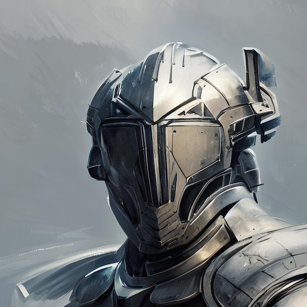 Scifi armor that looks medieval with a menacing helmet